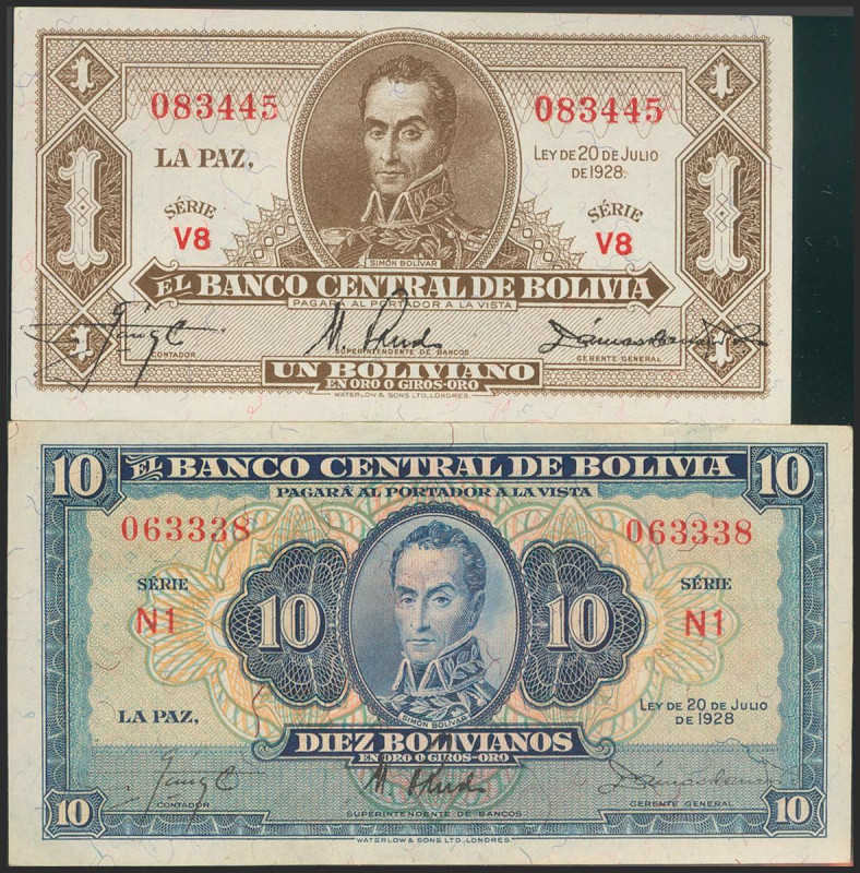 BOLIVIA. Set of 2 banknotes: 1 Boliviano, 10 Bolivianos. 1928. (Pick: 128a, 130)...