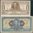 BOLIVIA. Set of 2 banknotes: 1 Boliviano, 10 Bolivianos. 1928. (Pick: 128a, 130). About Uncirculated to Uncirculated. Todas las imágenes disponibles e...