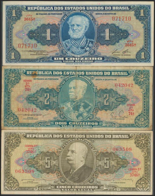 BRAZIL. Set of 3 banknotes: 1 Cruzeiro, 2 Cruzeiros, 5 Cruzeiros. 1944, 1958, 19...