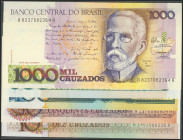 BRAZIL. Set of 5 banknotes: 10 Cruzados, 50 Cruzados, 100 Cruzados, 500 Cruzados and 1000 Cruzados. 1986-1987. (Pick: 209a, 210a, 211b, 212c, 213b). U...