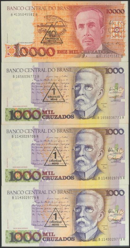 BRAZIL. Set of 4 banknotes: 1 Cruzado Novo (3), 10 Cruzados Novos. 1989. (Pick: ...