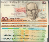BRAZIL. Set of 10 banknotes: 50 Cruzados Novos (2), 500 Cruzados Novos, 50 Cruzeiros (2), 200 Cruzeiros and 500 Cruzeiros (4). 1990-1991. (Pick: 219a,...