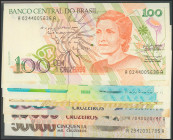 BRAZIL. Set of 9 banknotes: 100 Cruzeiros (2), 200 Cruzeiros (3), 1000 Cruzeiros, 5000 Cruzeiros, 10000 Cruzeiros and 50000 Cruzeiros. 1990-1993. (Pic...