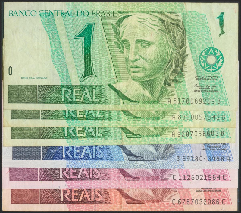 BRAZIL. Set of 6 banknotes: 1 Real (3), 2 Reais, 5 Reais and 10 Reais. 1994-2008...