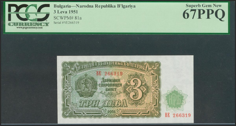 BULGARIA. 3 Leva. 1951. (Pick: 81a). PCGS67PPQ. Todas las imágenes disponibles e...