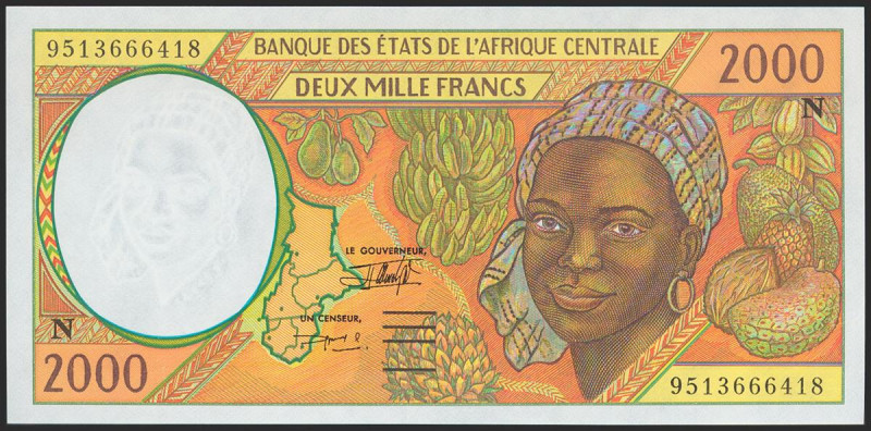 CENTRAL AFRICAN STATES. 2000 Francs. 1995. Letter N for Equatorial Guinea. (Pick...