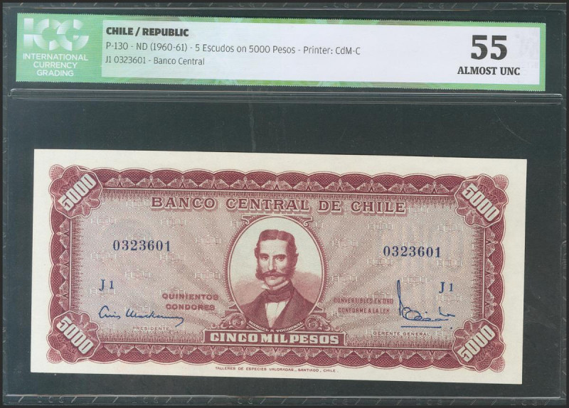 CHILE. 5000 Pesos. (1960ca). Serie J1. (Pick: 130). ICG55. Todas las imágenes di...