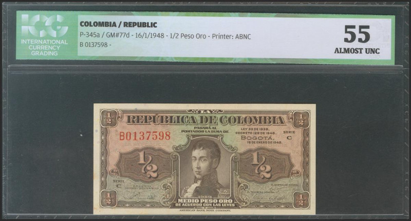 COLOMBIA. 1/2 Pesos Oro. 16 January 1948. Serie C. (Pick: 345a). ICG55. Todas la...