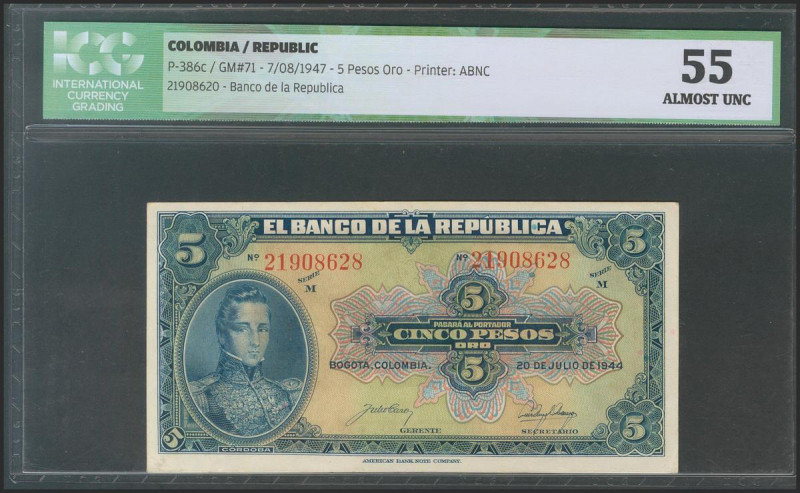 COLOMBIA. 5 Pesos Oro. 7 August 1947. Serie M. (Pick: 386c). ICG55. Todas las im...