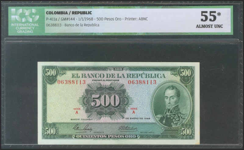 COLOMBIA. 500 Pesos Oro. 1 January 1968. Serie A. (Pick: 411c). ICG55*(Light sta...