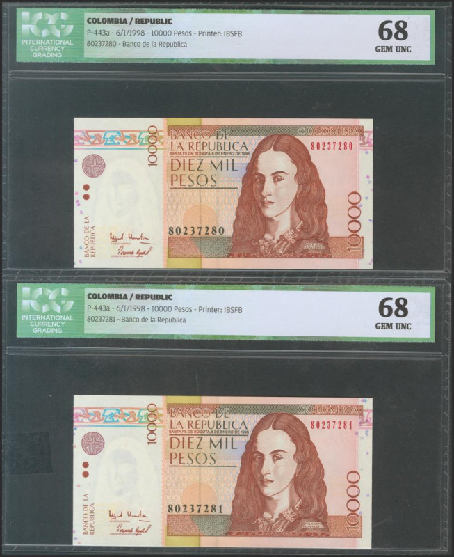 COLOMBIA. 10000 Pesos. 6 January 1998. Correlative couple. (Pick: 443a). ICG68. ...