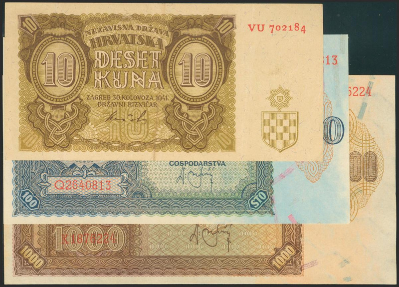 CROATIA. Set of 3 banknotes: 10 Kuna, 100 Kuna, 1000 Kuna. 1941. (Pick: 2, 4a, 5...