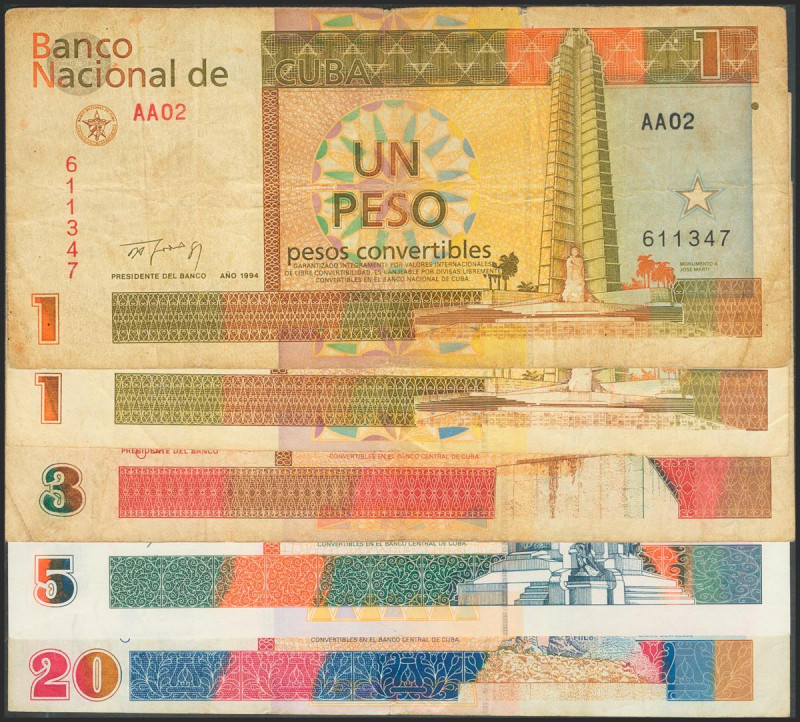 CUBA. Set of 5 banknotes of 1 Peso (2), 3 Pesos, 5 Pesos and 20 Pesos Convertibl...