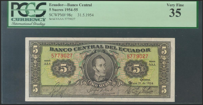 ECUADOR. 5 Sucres. 31 May 1954. Serie AAA. (Pick: 98c). PCGS35. Todas las imágen...