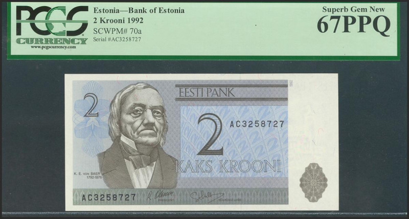 ESTONIA. 2 Coronas. 1992. (Pick: 70a). PCGS67PPQ. Todas las imágenes disponibles...