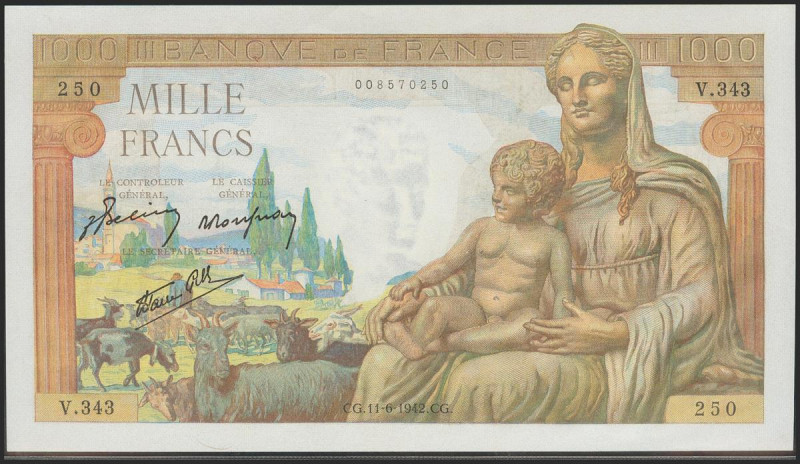 FRANCE. 1000 Francs. 1942. (Pick: 102). Perfect corners, just two very small mis...