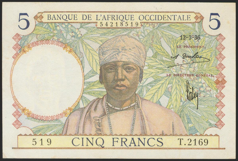 FRENCH WEST AFRICA. 5 Francs. 1936. (Pick: 21a). Very Fine. Todas las imágenes d...