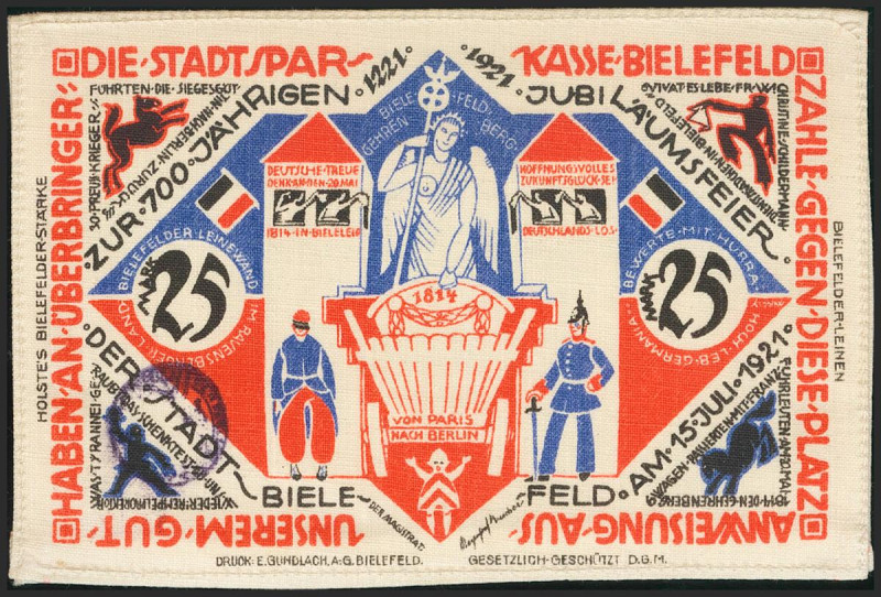 GERMANY. NOTGELD (BIELEFELD). 25 Mark. 1921. Linen. With round stamp, no serial ...