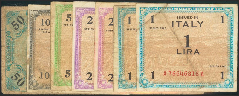 ITALY. Set of 7 banknotes: 1 Lira (2), 2 Lira (2), 5 Lira, 10 Lira, 50 Lira. 194...