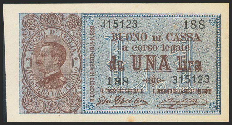 ITALY. 1 Lira. 1914. (Pick: 36b). Rare. Slight oxidation on bottom margin. Uncir...