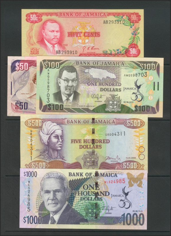 JAMAICA. Set of 5 banknotes: 50 Cent, 50 Dollars, 100 Dollars, 500 Dollars, 1000...