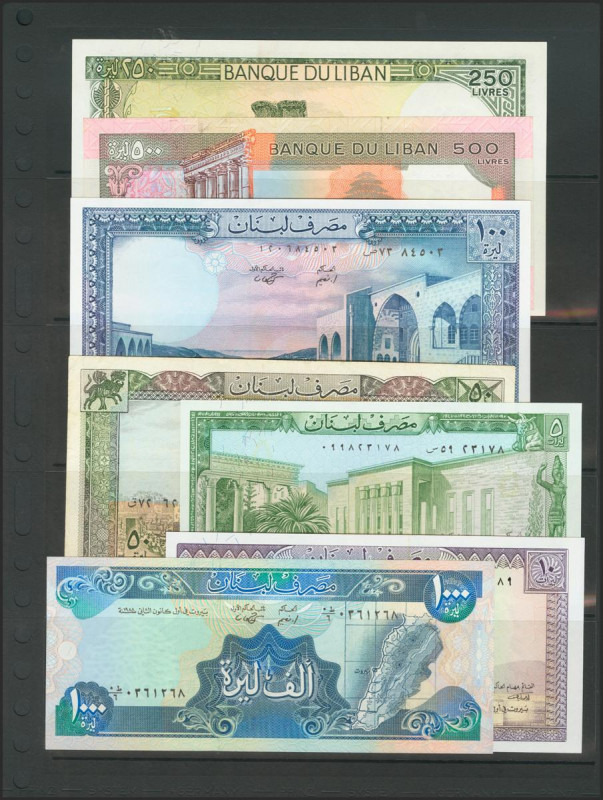 LEBANON. Set of 7 banknotes, different values and years. Uncirculated except 65 ...