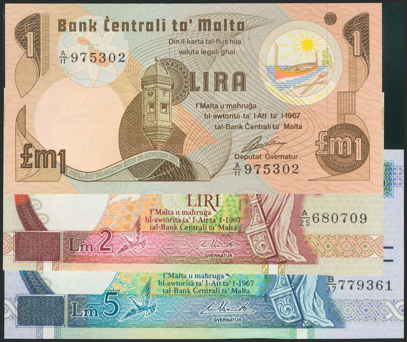 MALTA. Set of 3 banknotes: 1 Lira, 2 Liri, 5 Liri. 1979-1994. (Pick: 34b, 45d, 4...