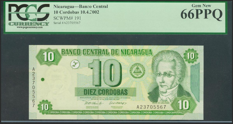 NICARAGUA. 10 Cordobas. 2002. (Pick: 191). PCGS66PPQ. Todas las imágenes disponi...