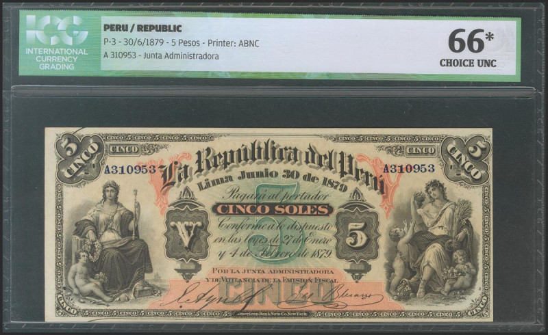 PERU. 5 Pesos. 30 June 1879. Serie A. (Pick: 3). ICG66*(Small holes bottom left)...