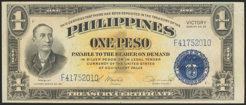 PHILIPPINES. 1 Peso. 1944. Victory. Blue seal. (Pick: 94a). Extremely Fine. Toda...