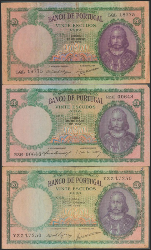 PORTUGAL. Set of 3 banknotes: 20 Escudos 1949, 1954, 1959. Banco de Portugal. Ch...