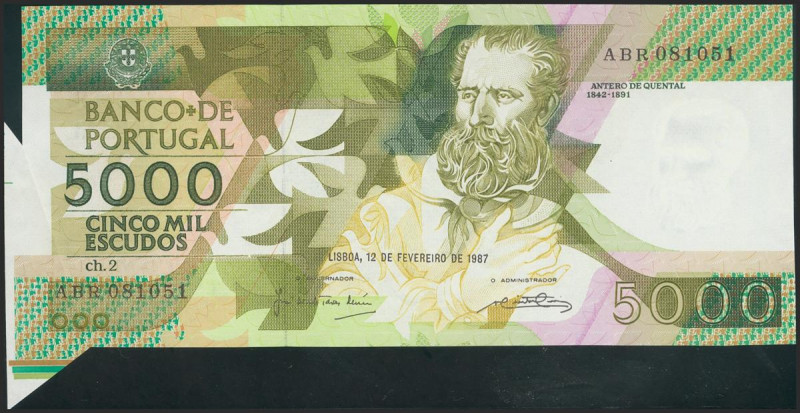 PORTUGAL. 5000 Escudos. 12 February 1987. Guillotined error. (Pick: 183a). Rare ...