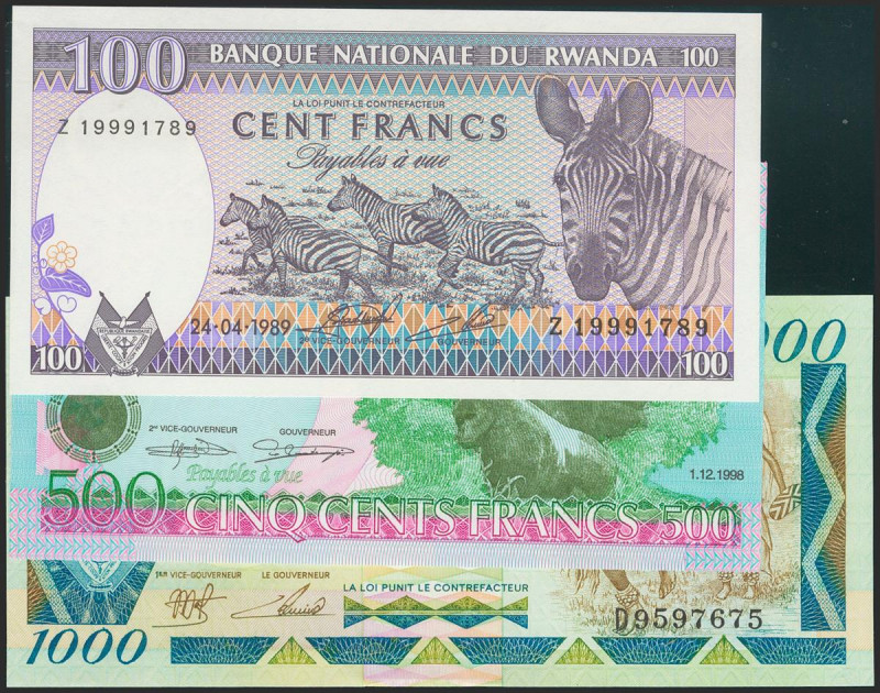 RWANDA. Set of 3 banknotes: 100 Francs, 500 Francs, 1000 Francs. 1988-1998. (Pic...