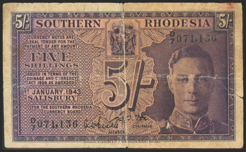 SOUTH RODHESIA. 5 Shillings. 1943. (Pick: 8a). Scarce. Very Good . Todas las imá...