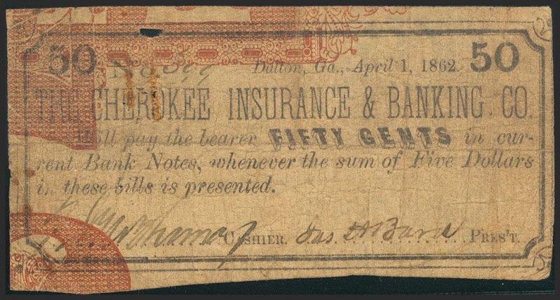 UNITED STATES OF AMERICA. Obsolete Currency. 50 Cents. 1862. The Cherokee Insura...