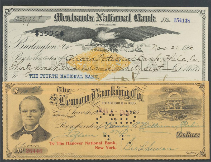 UNITED STATES OF AMERICA. Set of 2 vintage cheques. Merchants National Bank and ...