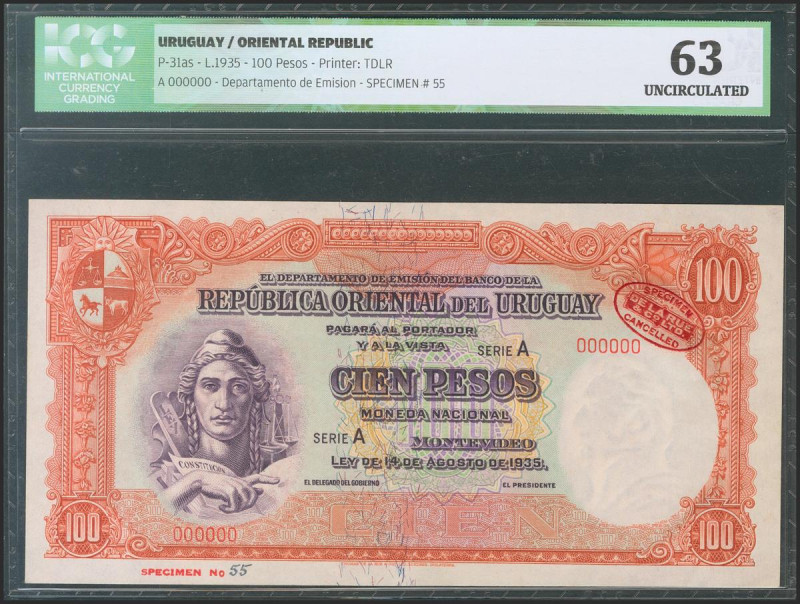 URUGUAY. 100 Pesos. 1935. Serie A. Specimen. (Pick: 31as). ICG63. Todas las imág...