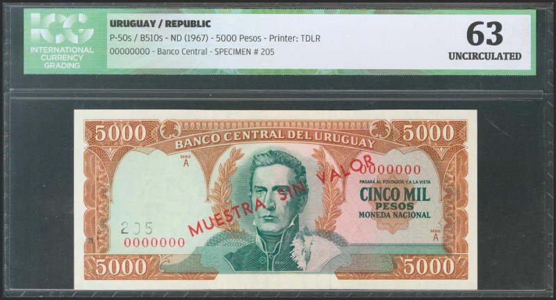 URUGUAY. 5000 Pesos. (1967ca). Specimen. (Pick: 49s). ICG63. Todas las imágenes ...