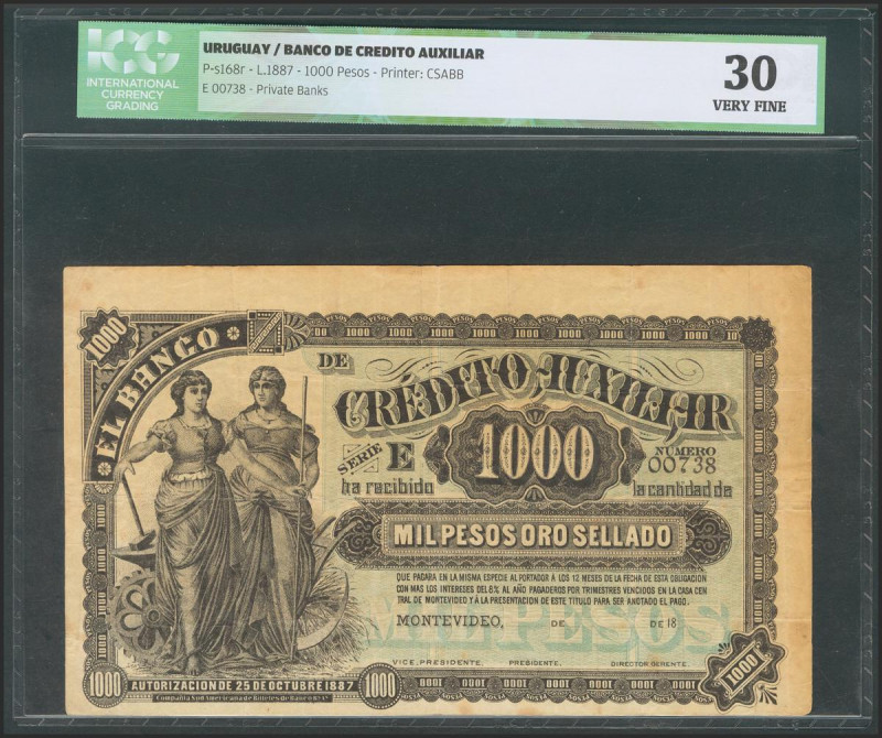 URUGUAY (BANCO DE CREDITO AUXILIAR). 1000 Pesos. 1887. Serie E. Low serial. (Pic...