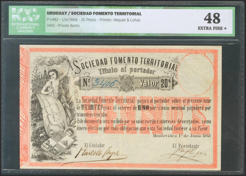 URUGUAY (SOCIEDAD FOMENTO TERRITORIAL). 20 Pesos. 20 June 1868. (Pick: s482). IC...