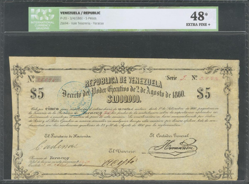 VENEZUELA. 5 Pesos. 3 April 1861. (Pick: 20). Very Rare. ICG48* (Humidity at lef...