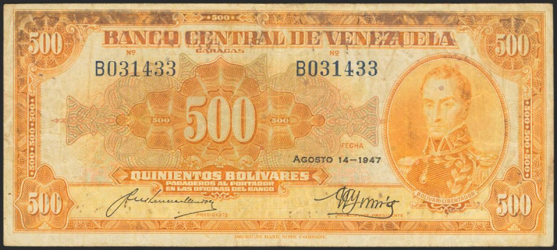 VENEZUELA. 500 Bolívares. 14 de Agosto de 1947. Signatures: Herrera Mendoza and ...