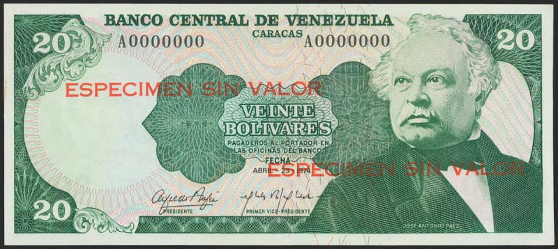 VENEZUELA. 20 Bolívares. 1974. Specimen. (Pick: 53as). Tiny stain on left margin...