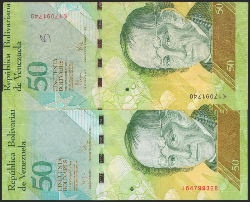 VENEZUELA. Set of 2 banknotes of 50 Bolívares. 2009. Cutting error and inverse p...