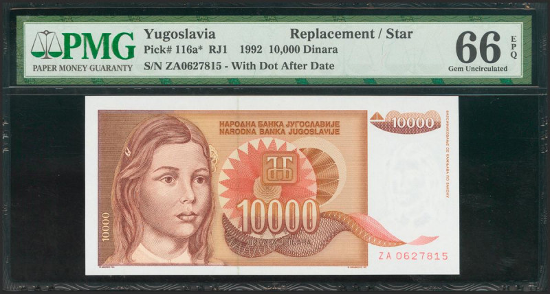 YUGOSLAVIA. 10000 Dinares. 1992. Replacement. (Pick: 116a*). PMG66EPQ. Todas las...