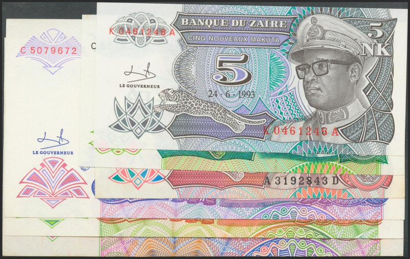 ZAIRE. Set of 6 banknotes, different values and years. About Uncirculated to Unc...