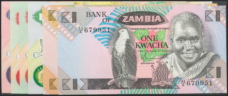 ZAMBIA. Set of 6 banknotes: 1 Kwacha, 2 Kwacha, 20 Kwacha, 50 Kwacha (2) and 100...