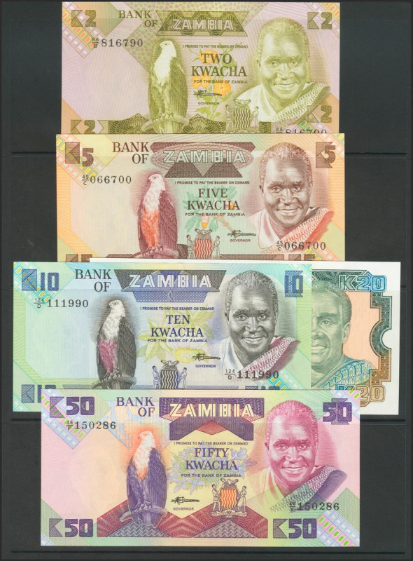 ZAMBIA. Set of 5 banknotes: 2 Kwacha, 5 Kwacha, 10 Kwacha, 20 Kwacha, 50 Kwacha....