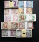 WORLD. Large stock of 64 different banknotes, in different quantities, all modern issues, uncirculated (some with the original seal of the printing fa...
