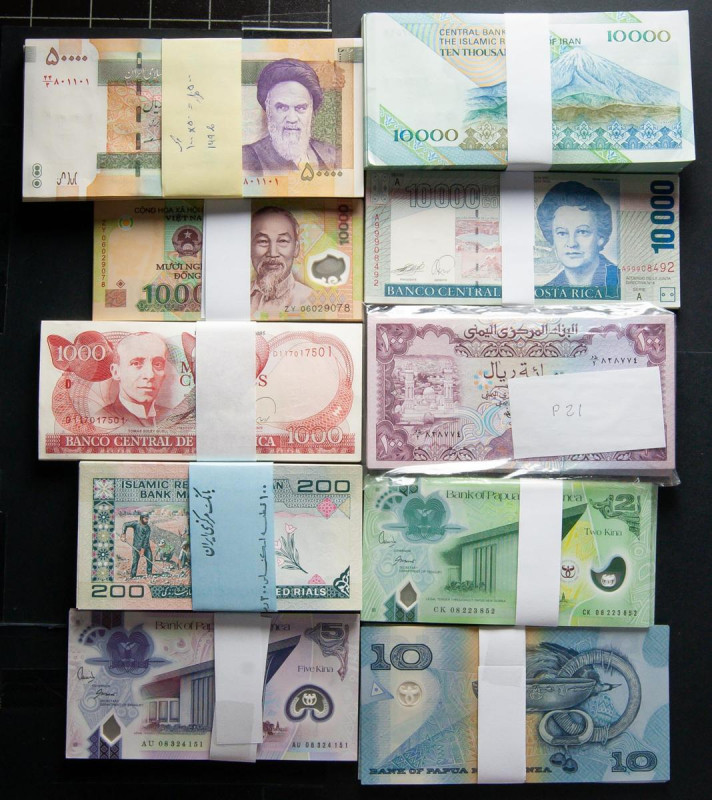 WORLD. Large stock of 70 different banknotes, in different quantities, all moder...